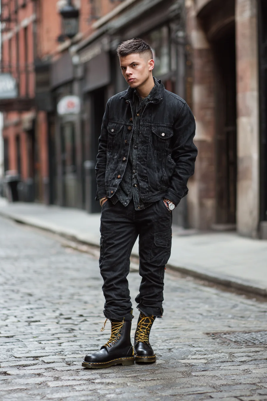 All-Black Street Style: Denim Jacket, Cargo Pants & Combat Boots