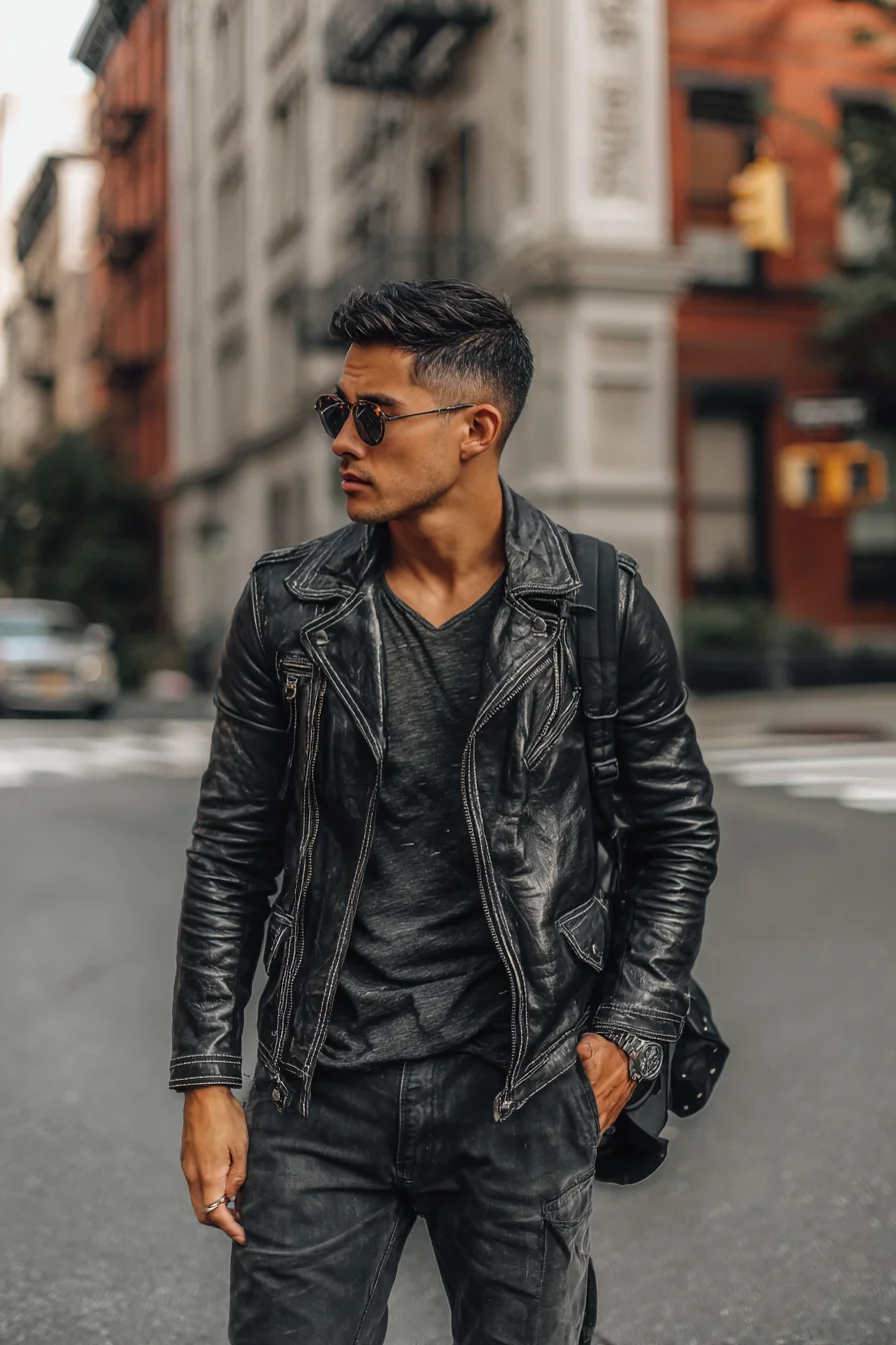 All-Black Urban Leather Look: Biker Jacket, Slim Tee & Tapered Jeans