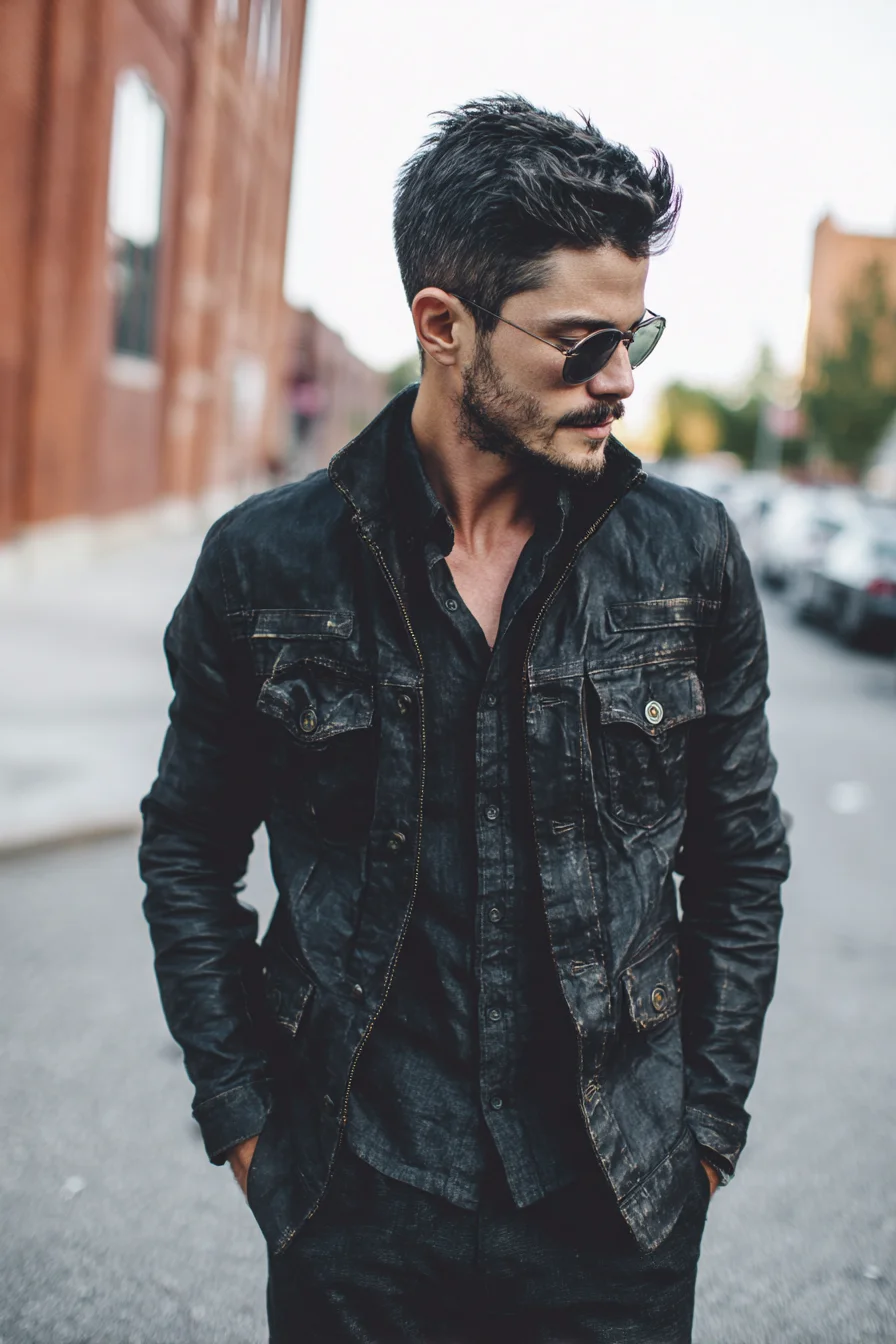All-Black Urban Look: Waxed Jacket, Dark Chambray Shirt & Leather Boots