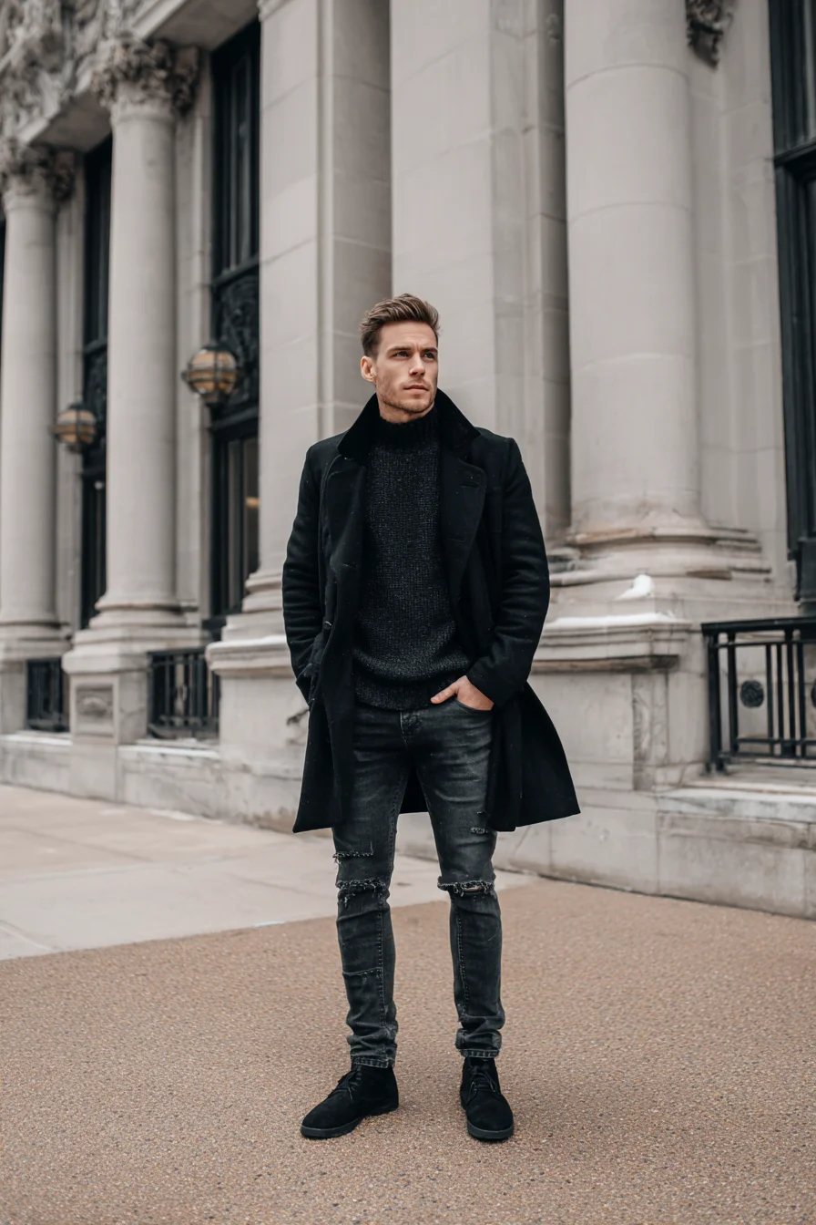 All-Black Urban Winter: Tailored Overcoat, Chunky Knit & Ripped Jeans