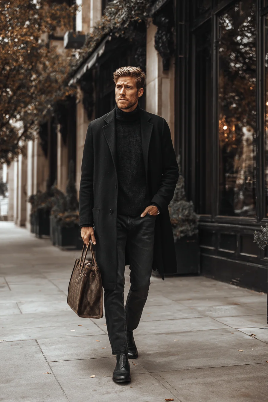 All‑Black Urban Winter: Wool Overcoat, Turtleneck & Chelsea Boots