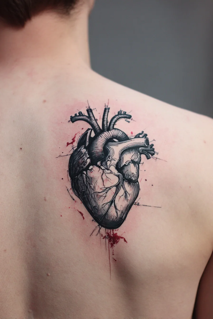 Anatomical Heart Tattoo — Blackwork Sketch with Red Ink Splatter