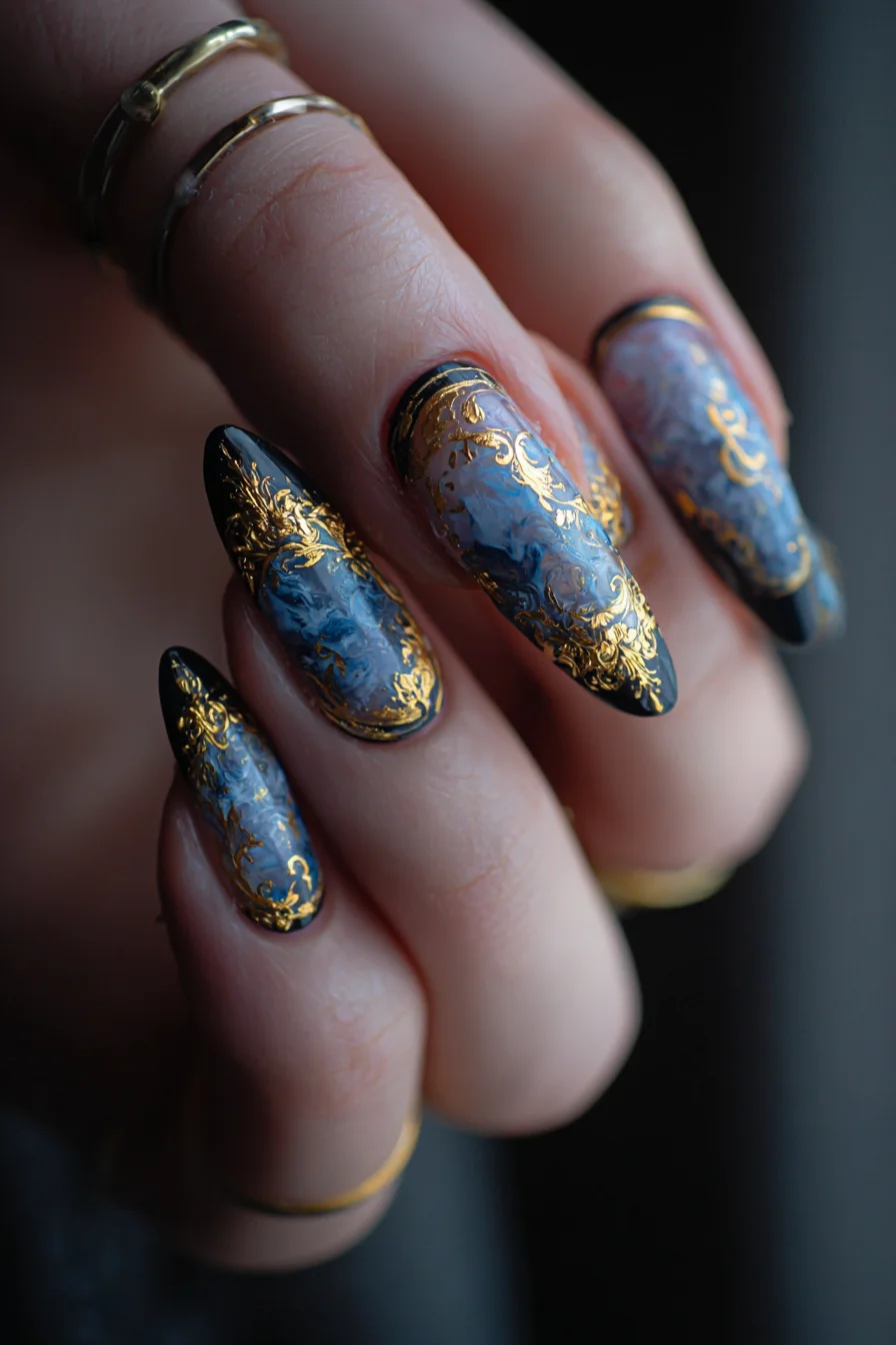 Baroque Marble & Gold Filigree Finger Tattoo — Ornate Handpiece Design