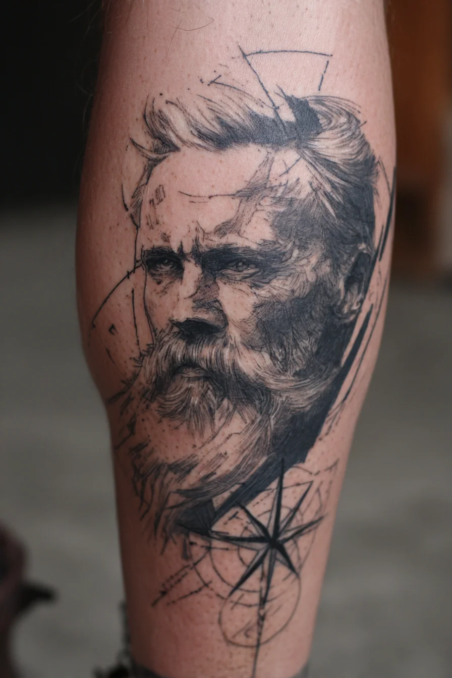 Bearded Portrait Tattoo — Realistic Blackwork with Compass (Forearm/Calf)