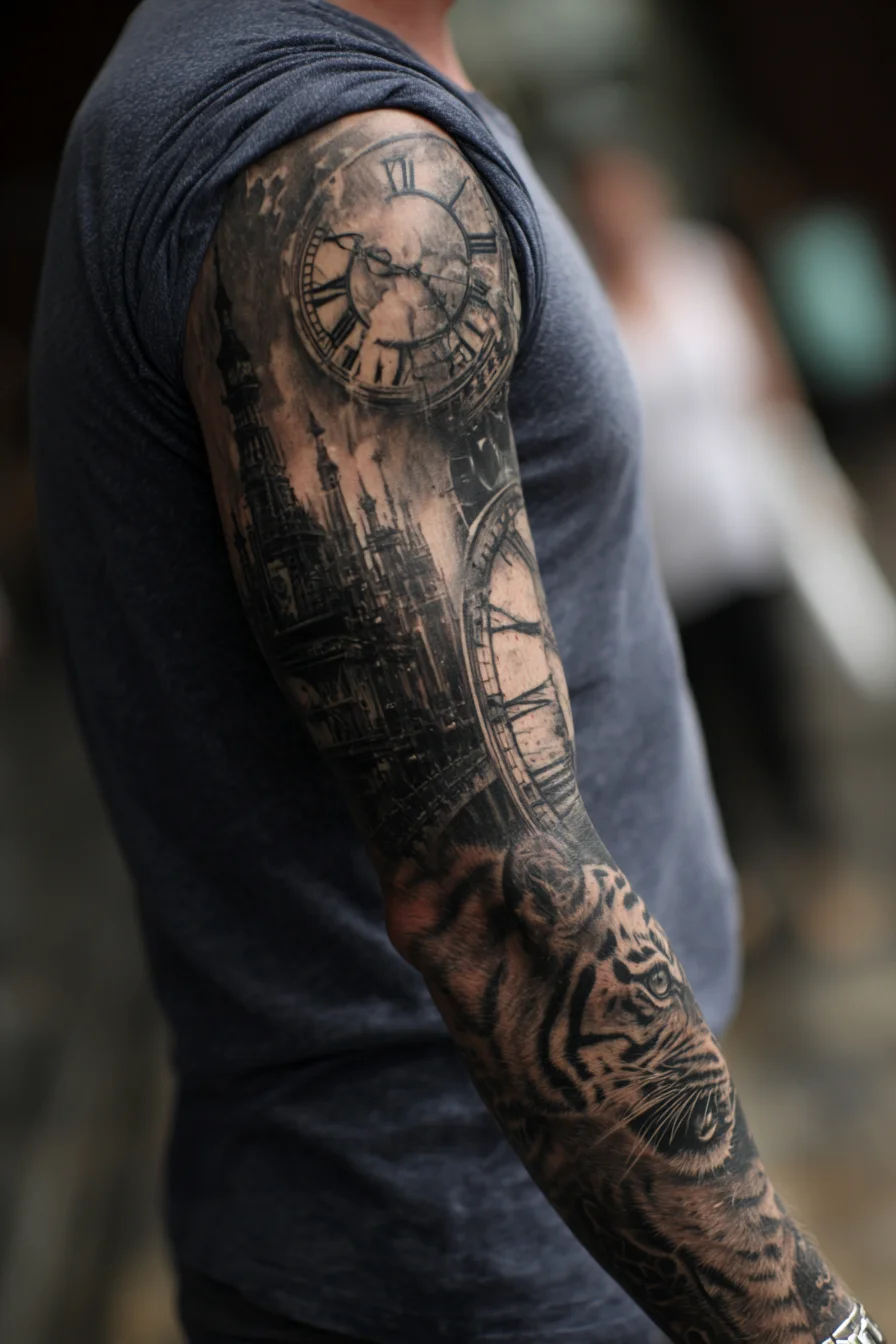 Black-and-Grey Realistic Full Sleeve — Clocks, Gothic Architecture & Tiger