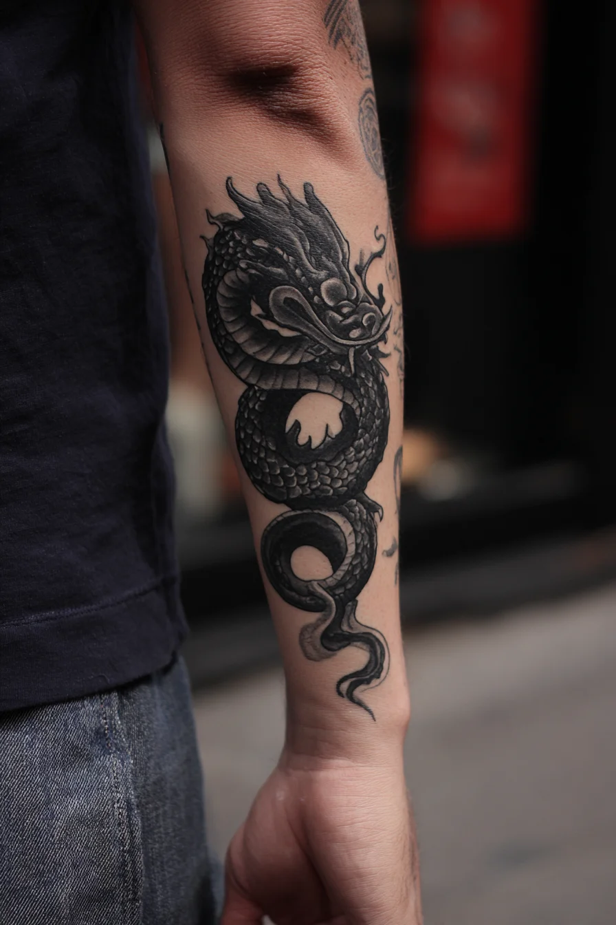 Black Dragon Forearm Tattoo — Oriental Blackwork Neo-Traditional