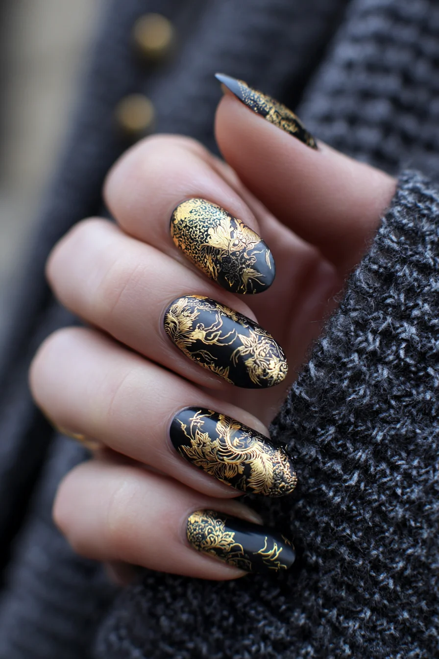 Black & Gold Ornamental Filigree Tattoo — Dragon and Floral Accent Design