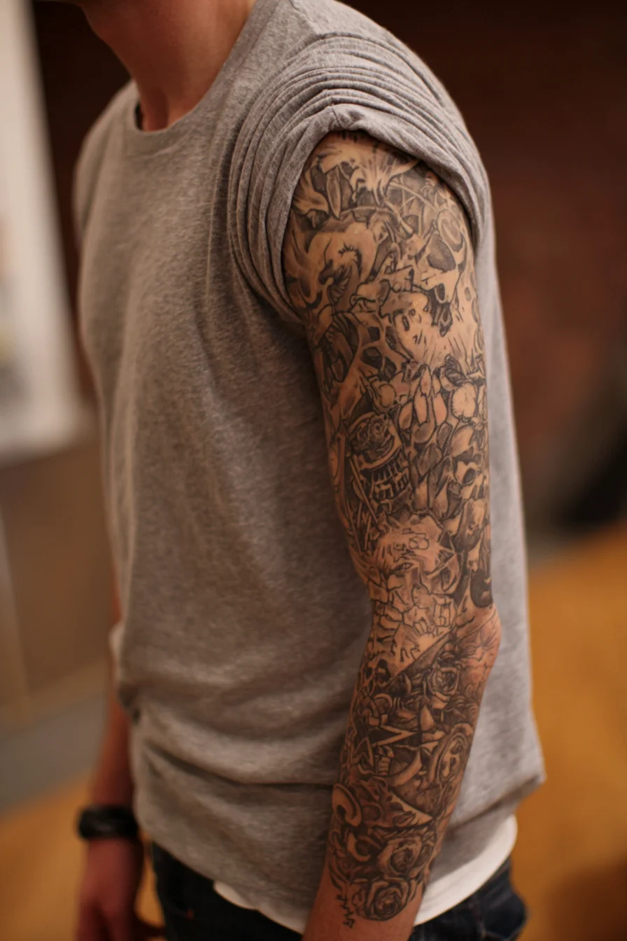 Black & Grey Full Sleeve — Skulls, Roses and Organic Flow Motifs
