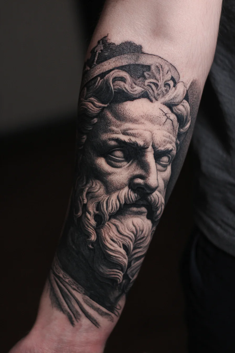 Black & Grey Greco‑Roman Bust Tattoo — Realistic Forearm Portrait