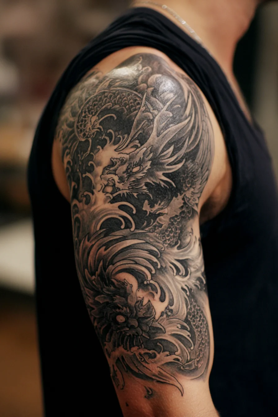 Black & Grey Japanese Dragon Sleeve — Upper Arm Wave and Scale Tattoo
