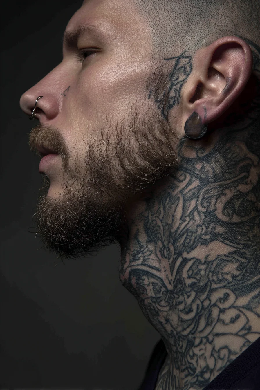 Black & Grey Ornamental Neck Tattoo — Bold Mens Neckpiece