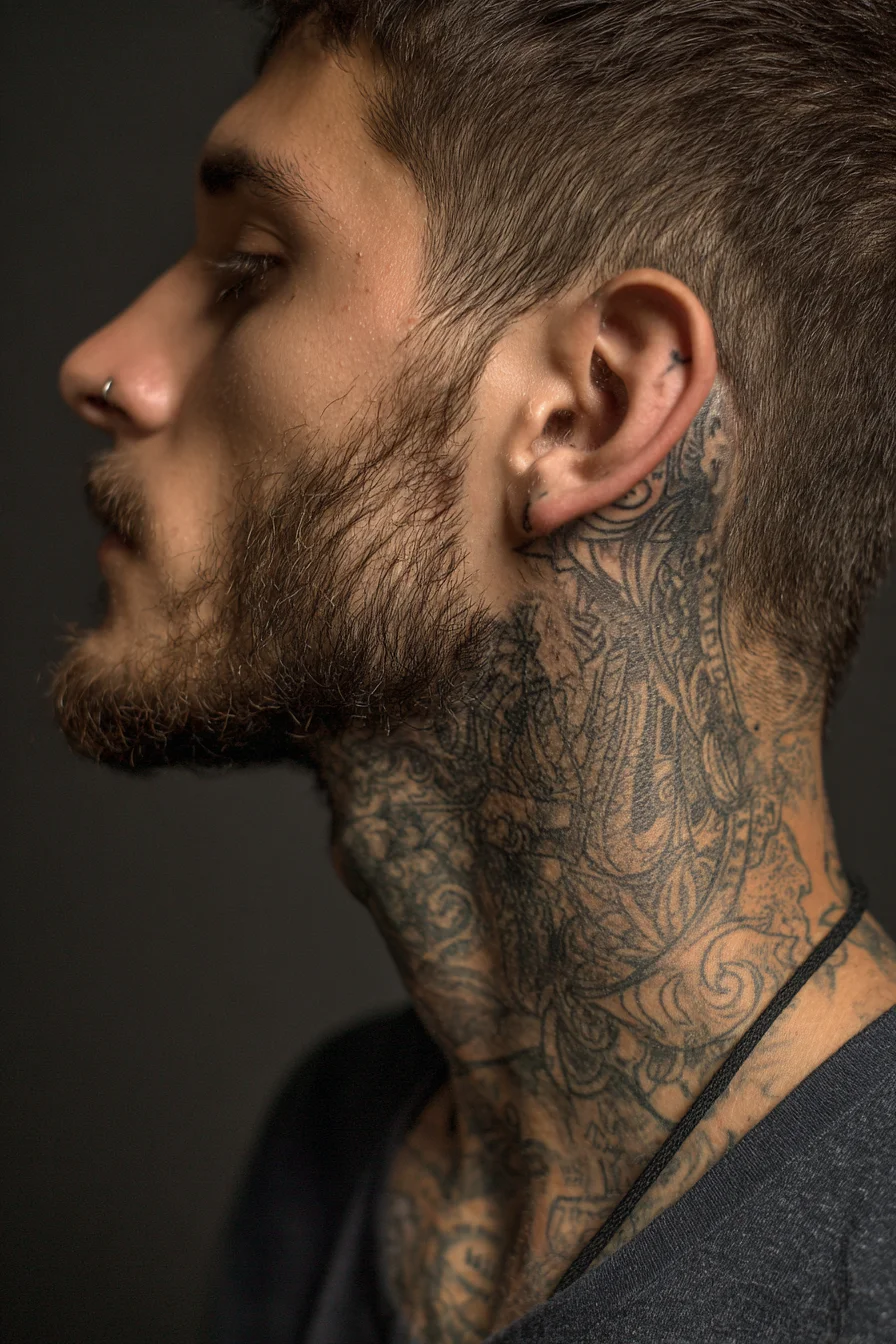 Black & Grey Ornamental Neck Tattoo — Filigree / Mandala Wrap