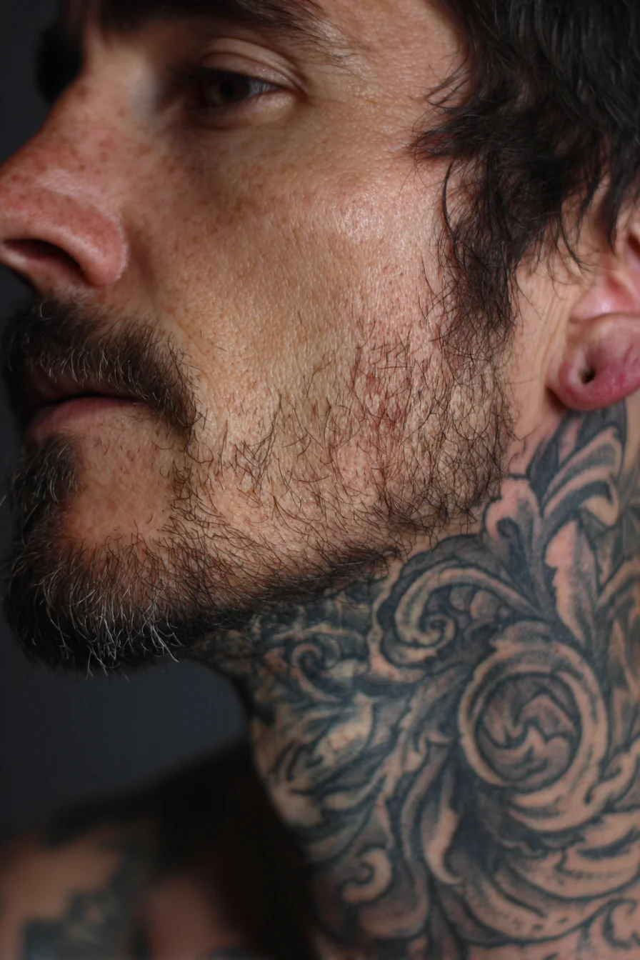 Black & Grey Ornamental Neck Tattoo — Filigree Rose Collar Design