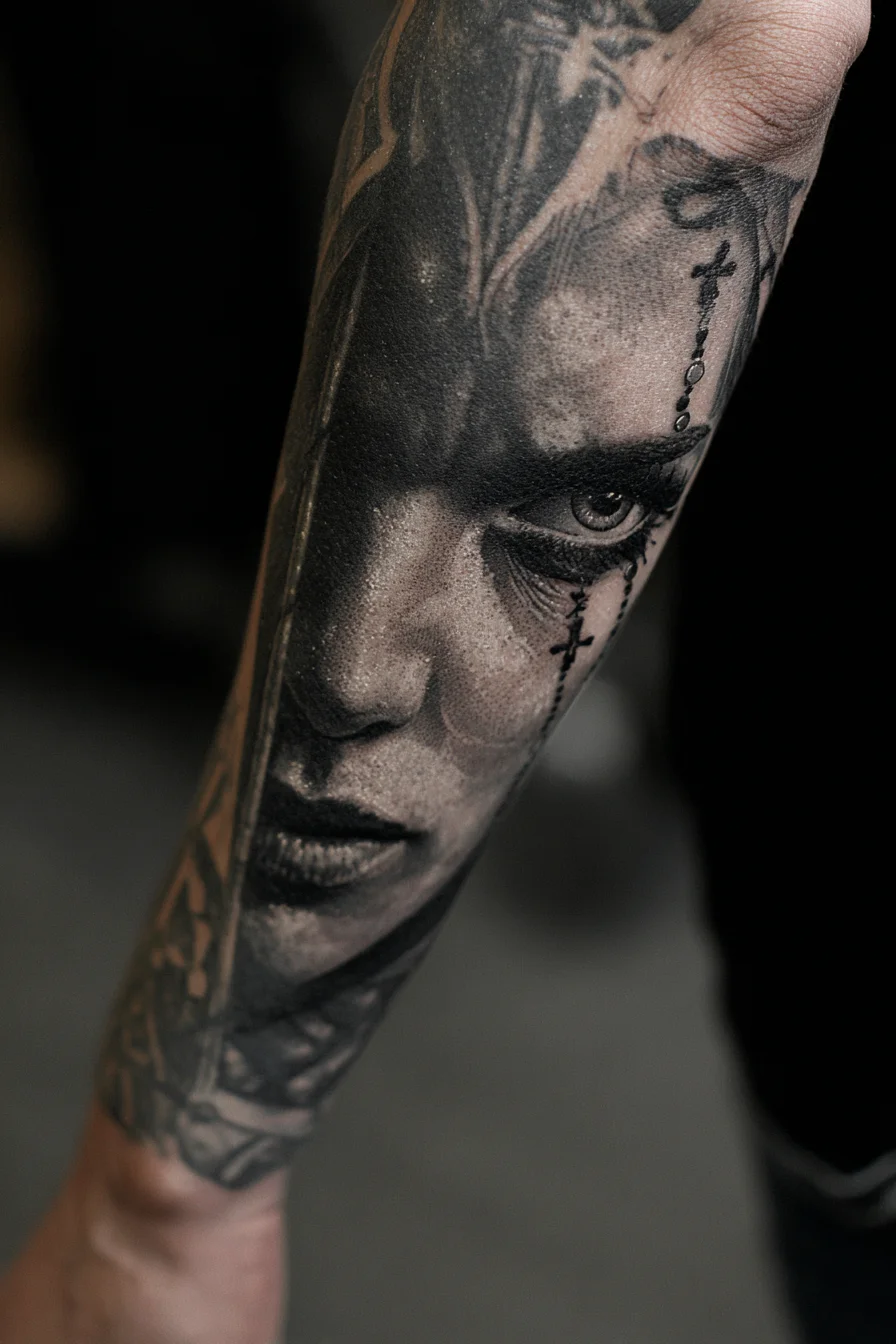 Black & Grey Realistic Female Portrait with Rosary Tear — Forearm Tattoo