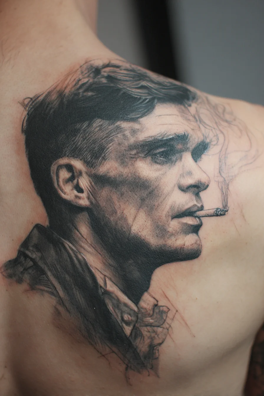 Black & Grey Realistic Male Portrait Tattoo — Smoking Profile