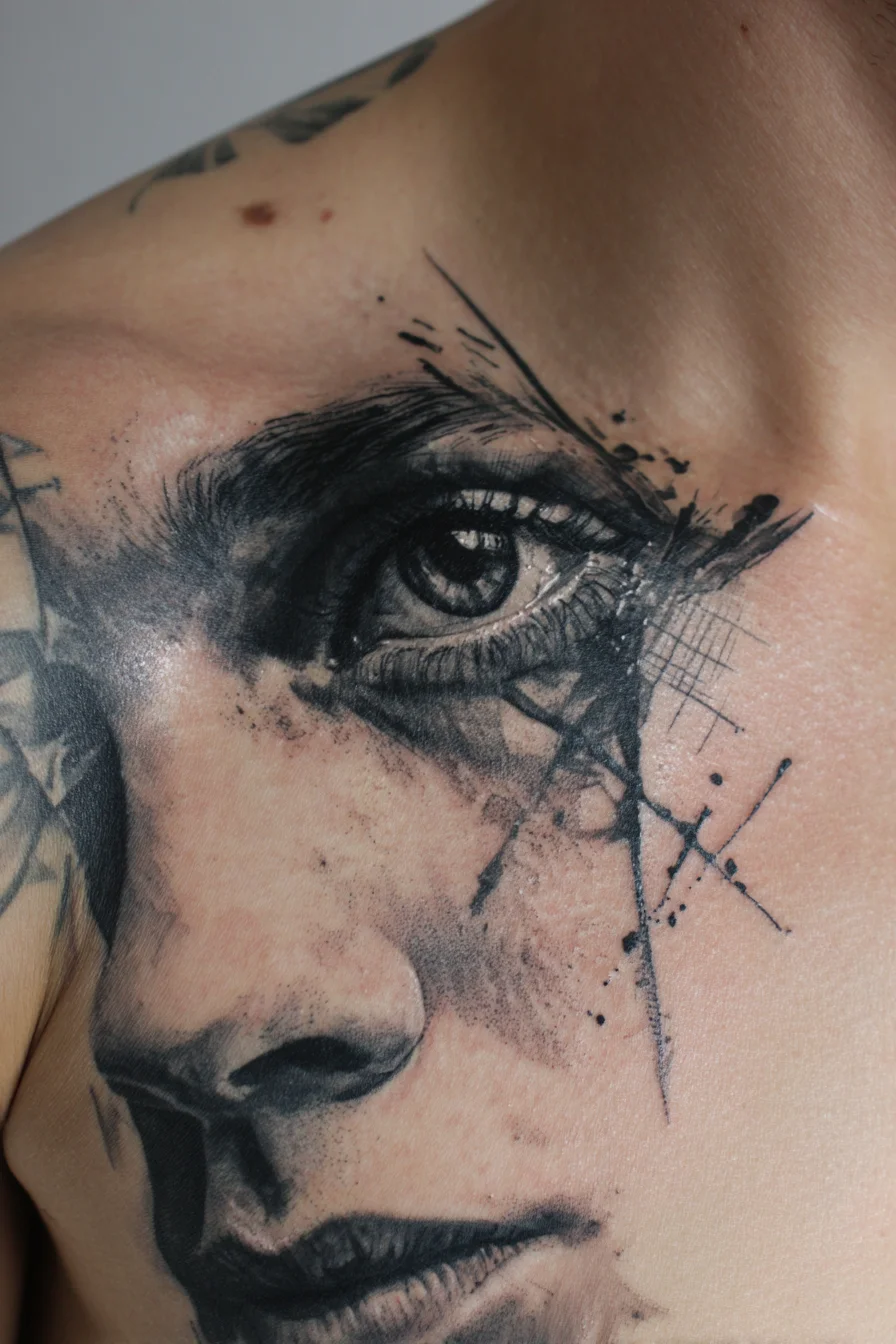 Black & Grey Realistic Portrait Eye with Ink-Splatter — Chest/Shoulder Tattoo