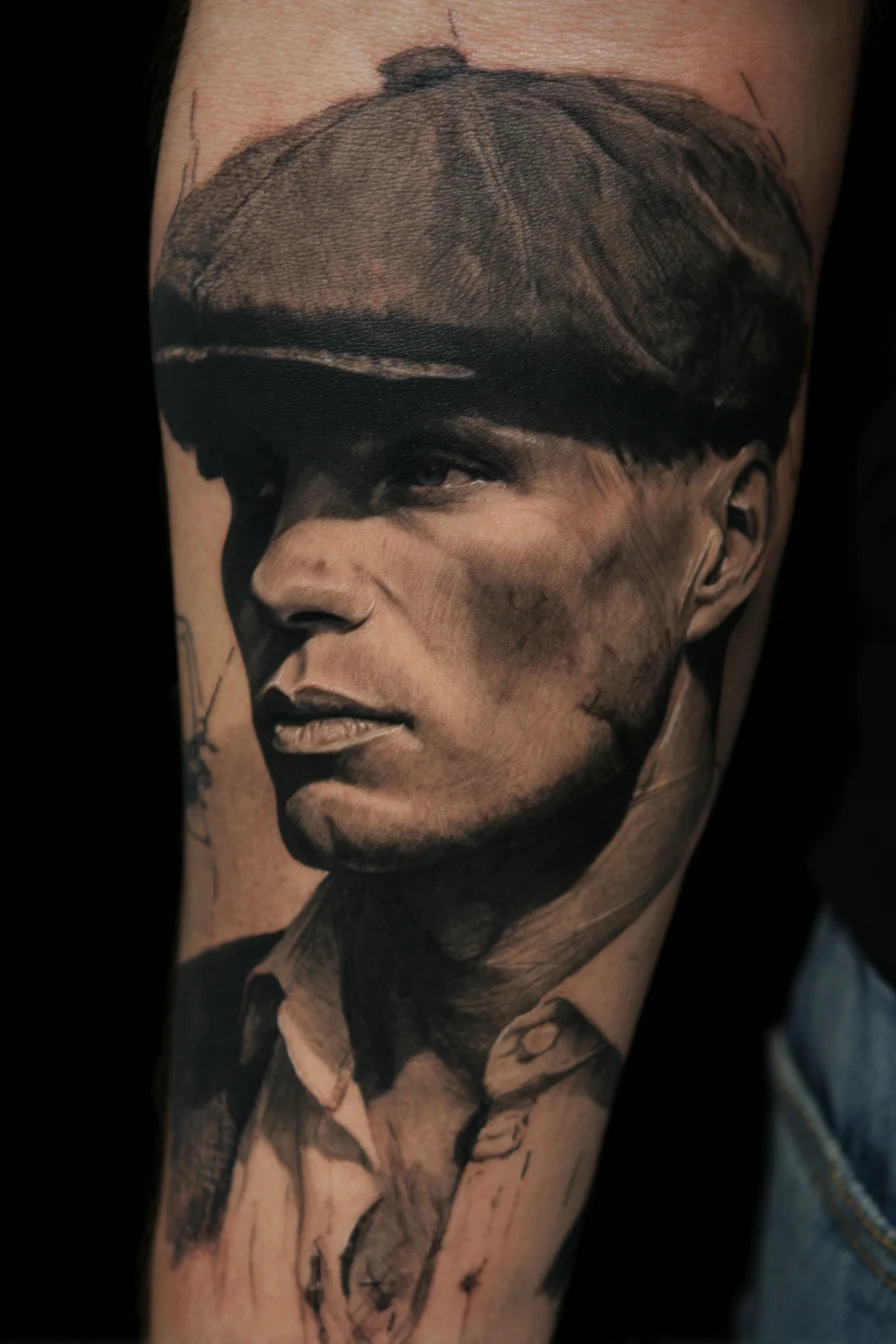 Black & Grey Vintage Portrait Tattoo — Flat Cap Realistic Forearm Design