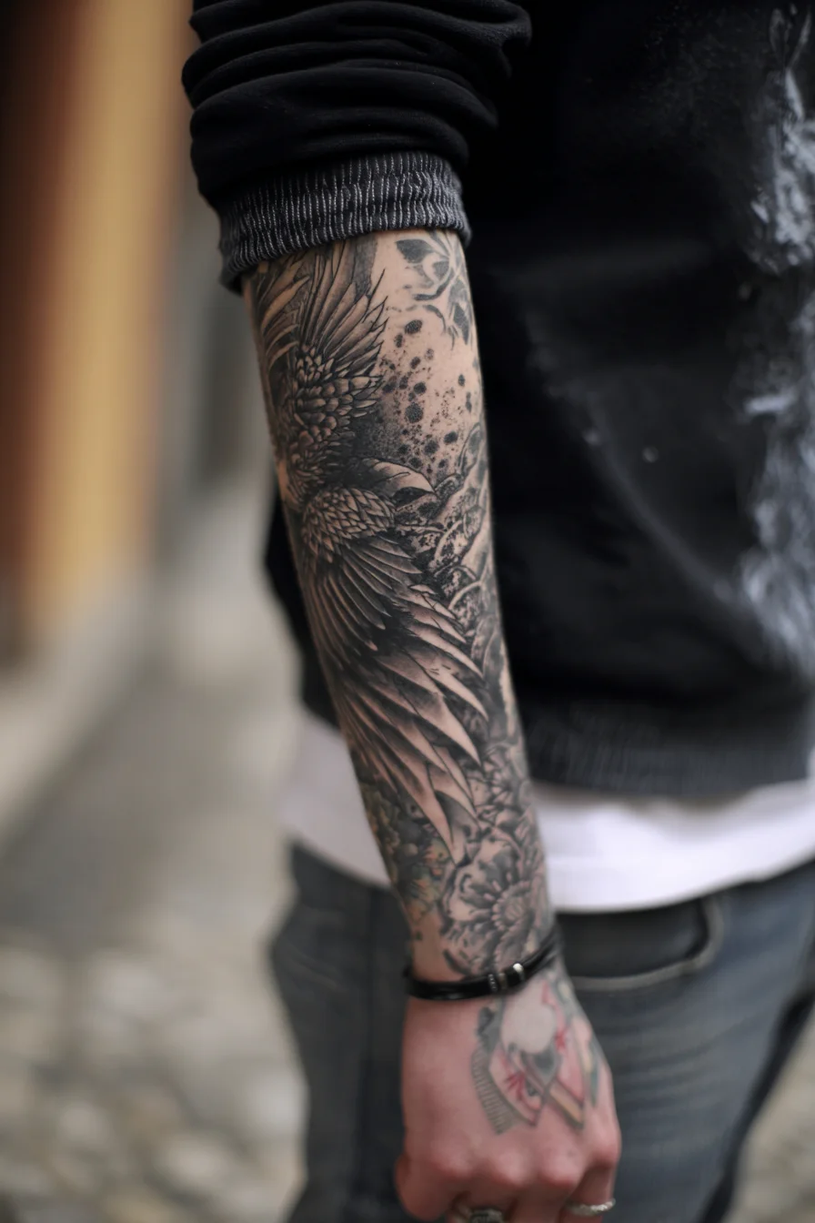 Black & Grey Winged Forearm Sleeve — Feathers, Floral and Dotwork