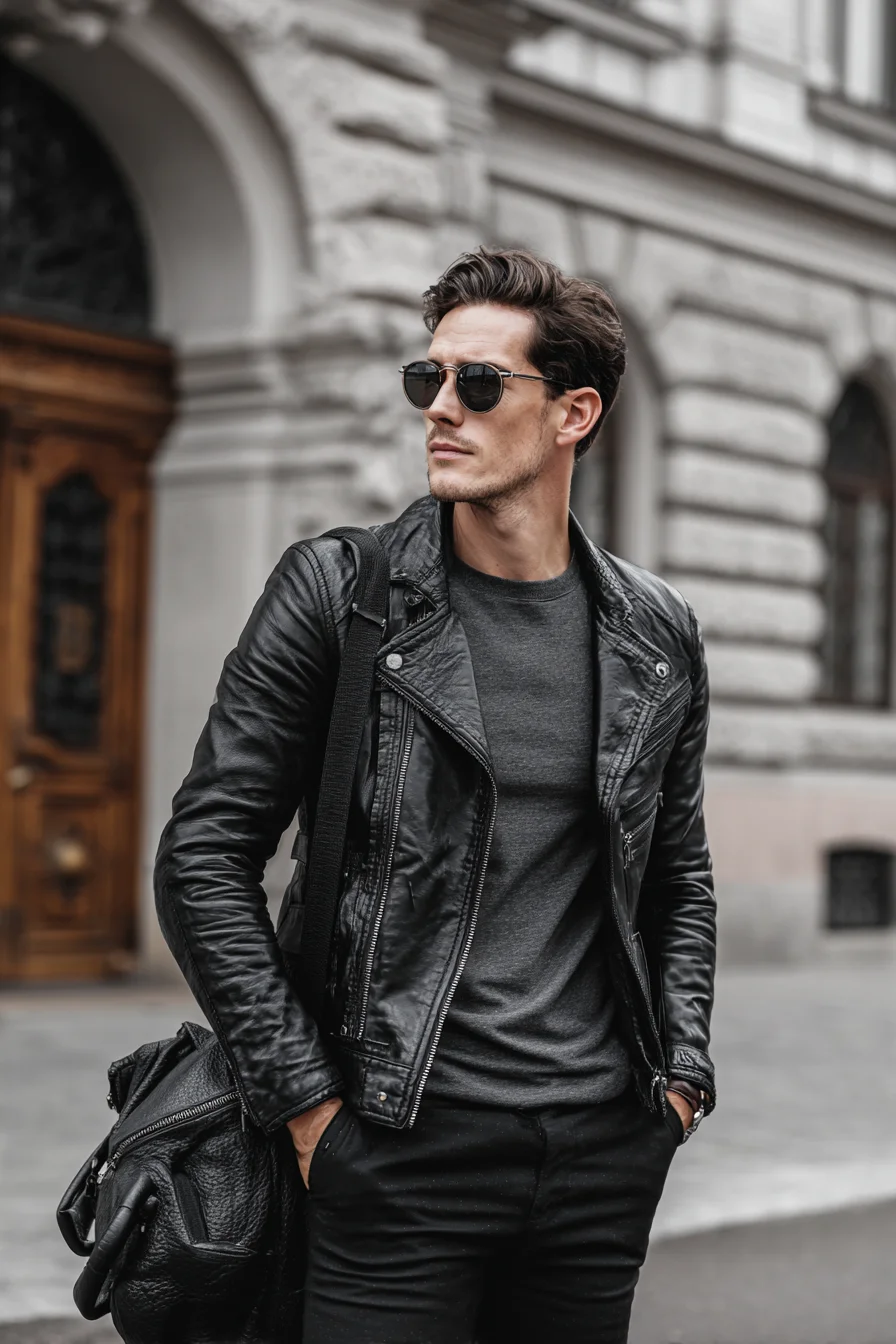Black Leather Biker Jacket Outfit — Modern Mens Smart‑Casual Styling