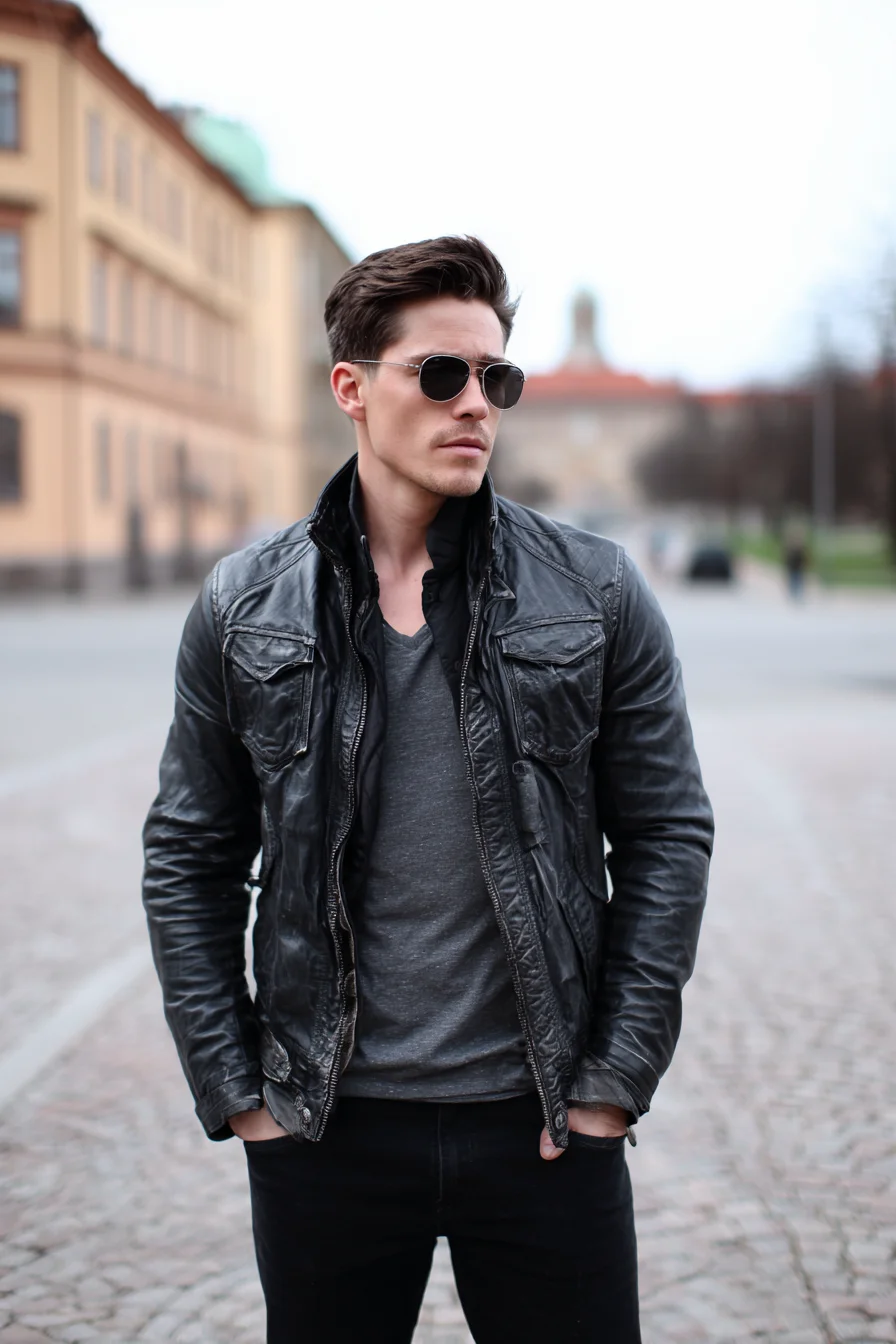 Black Leather Jacket & Grey Tee: Modern Mens Smart-Casual Street Style