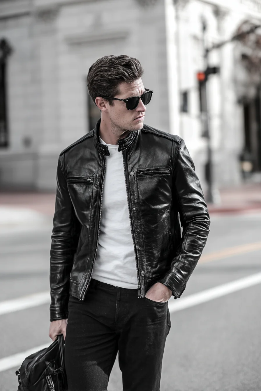 Black Leather Jacket & White Tee — Modern Mens Casual Moto Style