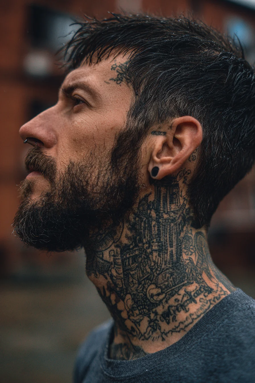 Blackwork Architectural Neck Tattoo — Detailed Jawline, Ear & Throat Design