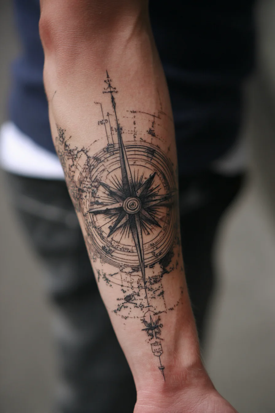 Blackwork Compass Rose Forearm Tattoo — Nautical Linework & Sketch Style