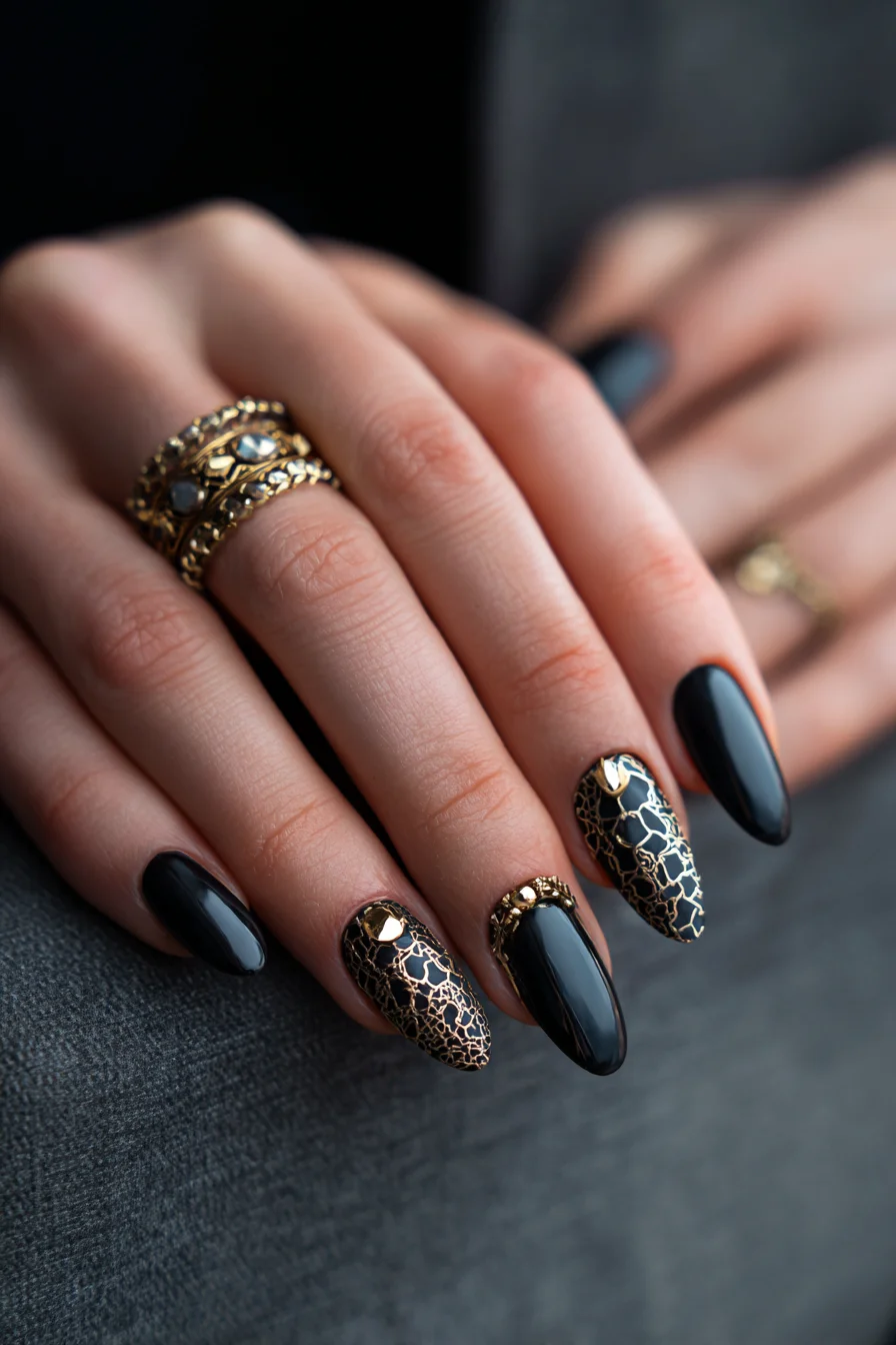 Blackwork Filigree Tattoo with Gold Accents — Ornamental Lace & Cracked Texture