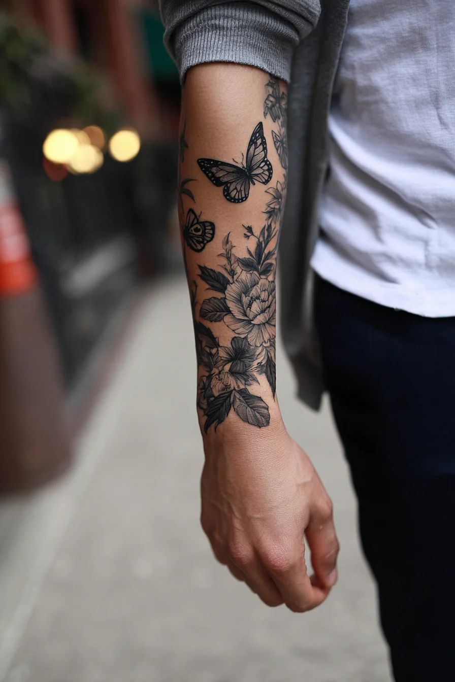 Blackwork Floral & Butterfly Forearm Tattoo — Mens Sleeve Accent