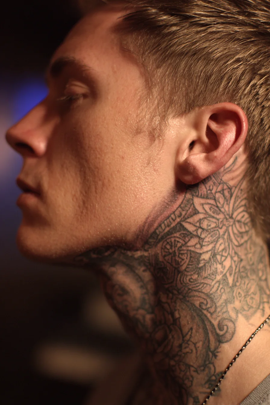 Blackwork Floral Mandala Neck Tattoo — Masculine Neckpiece