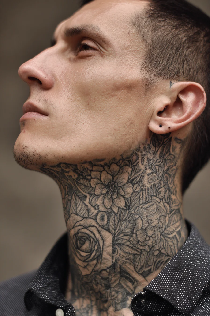 Blackwork Floral Neck Tattoo for Men — Roses, Botanicals & Intricate Shading