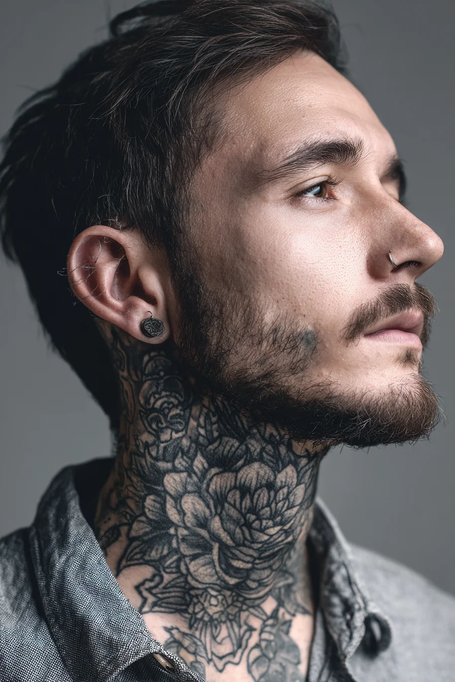 Blackwork Floral Neck Tattoo — Peony/Chrysanthemum Neckpiece