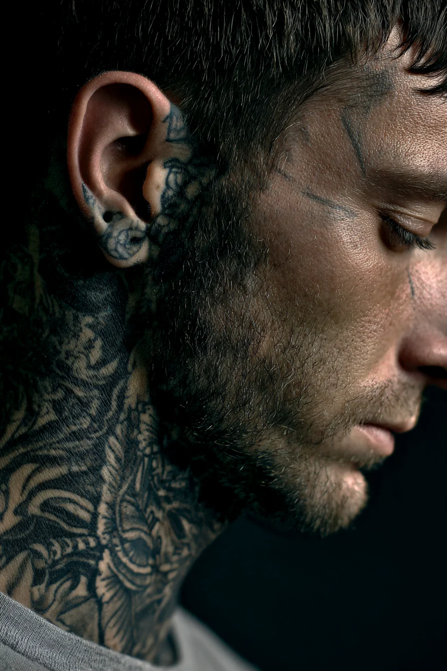 Blackwork Floral Neck Tattoo with Ear and Side-Face Accents