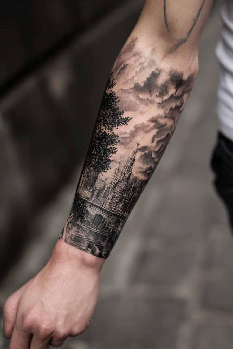 Blackwork Forearm Cityscape Tattoo — Realistic Gothic Skyline Sleeve