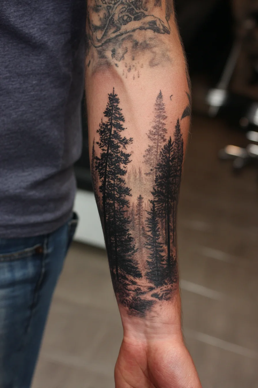 Blackwork Forest Forearm Tattoo — Tall Pines & Mist Landscape