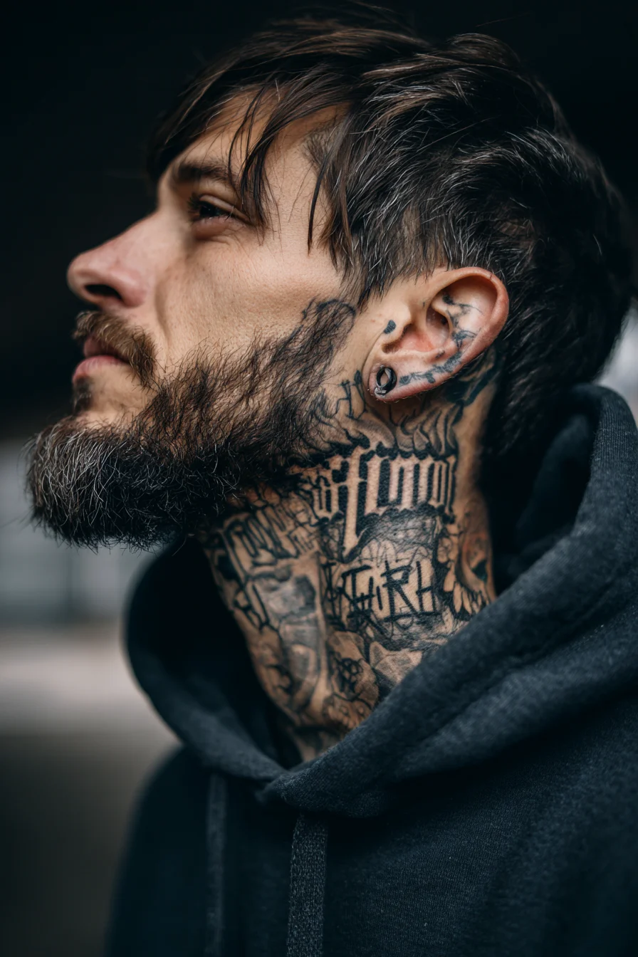 Blackwork Gothic Script Neck Tattoo — Bold Neckpiece Design