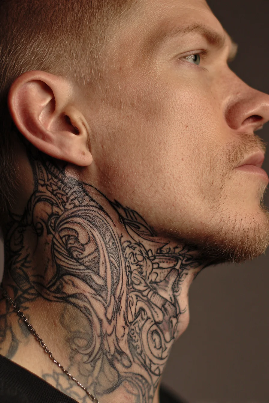 Blackwork Ornamental Neck Tattoo — Filigree Collar for Men