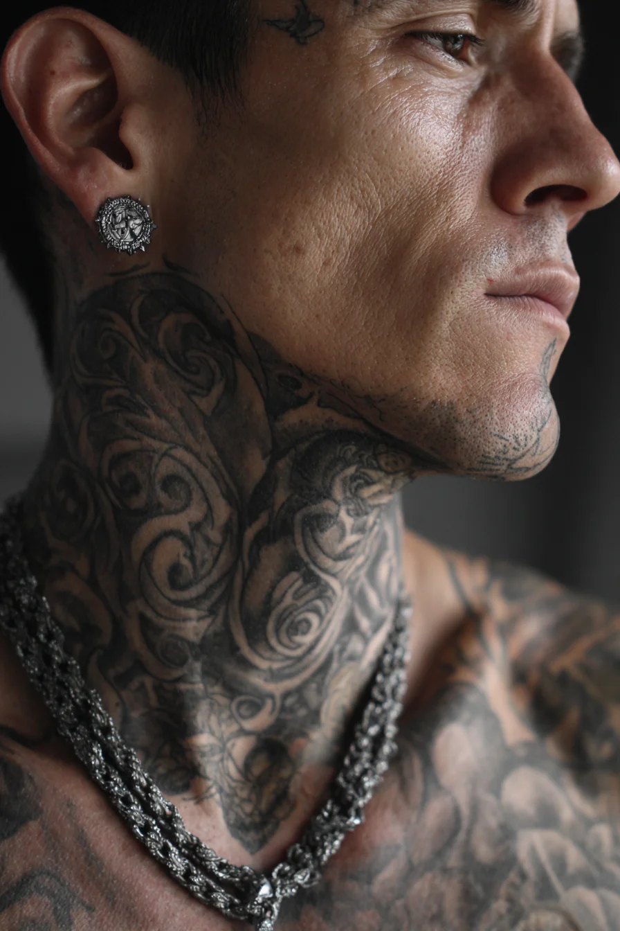 Blackwork Ornamental Neck Tattoo — Filigree Swirls & Full-Neck Coverage