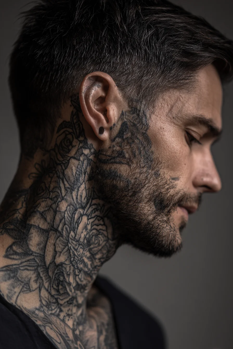 Blackwork Rose Neck Tattoo — Bold Floral Full-Neckpiece for Men