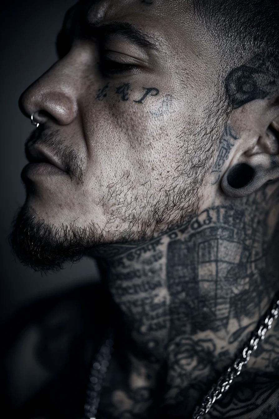 Blackwork Script & Neck Panel Tattoo - Face Lettering for Men