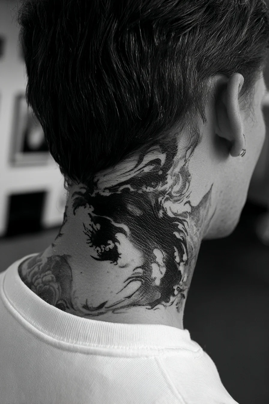 Blackwork Swirling Wave Neck Tattoo — Nape & Side-of-Neck Design
