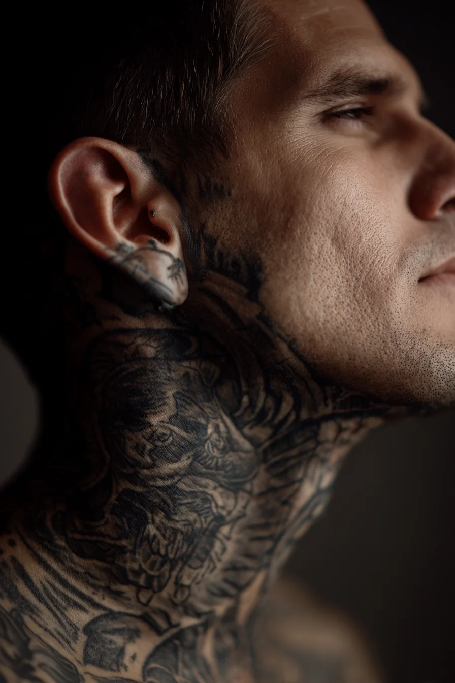 Blackwork Tiger Neck Tattoo — Bold Mens Side & Throat Neck Sleeve