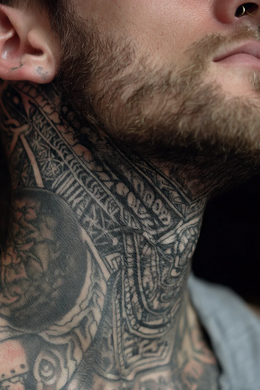 Blackwork Tribal Neck Tattoo — Ornamental Geometric Neckpiece