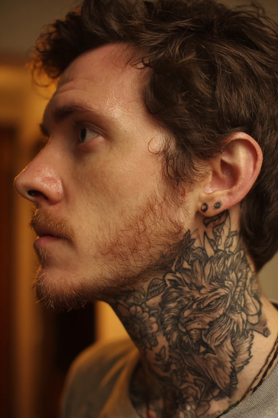 Blackwork Wolf and Floral Full Neck Tattoo — Masculine Neckpiece