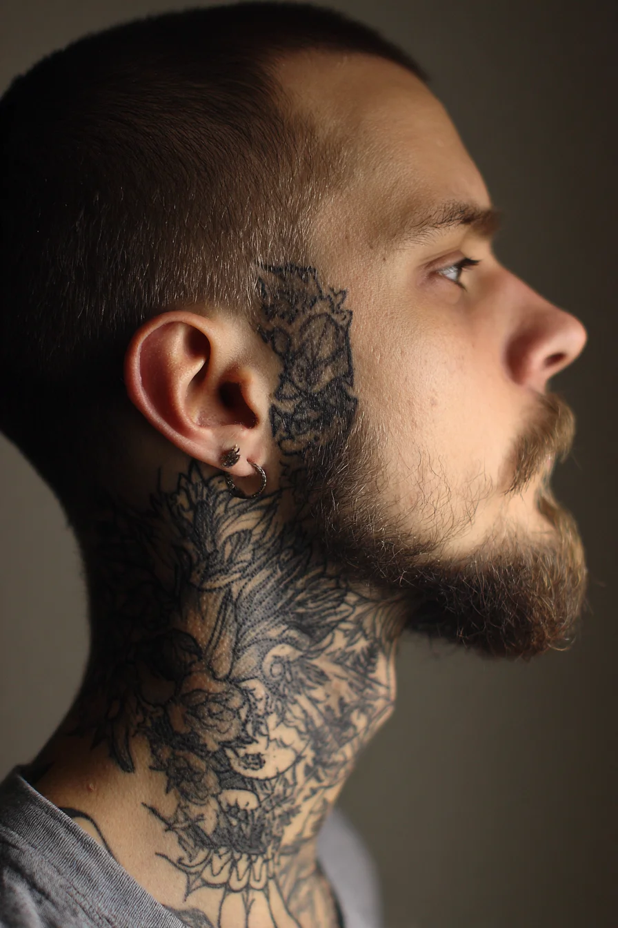 Bold Blackwork Neck & Side-Face Tattoo — Floral Beast Design for Men
