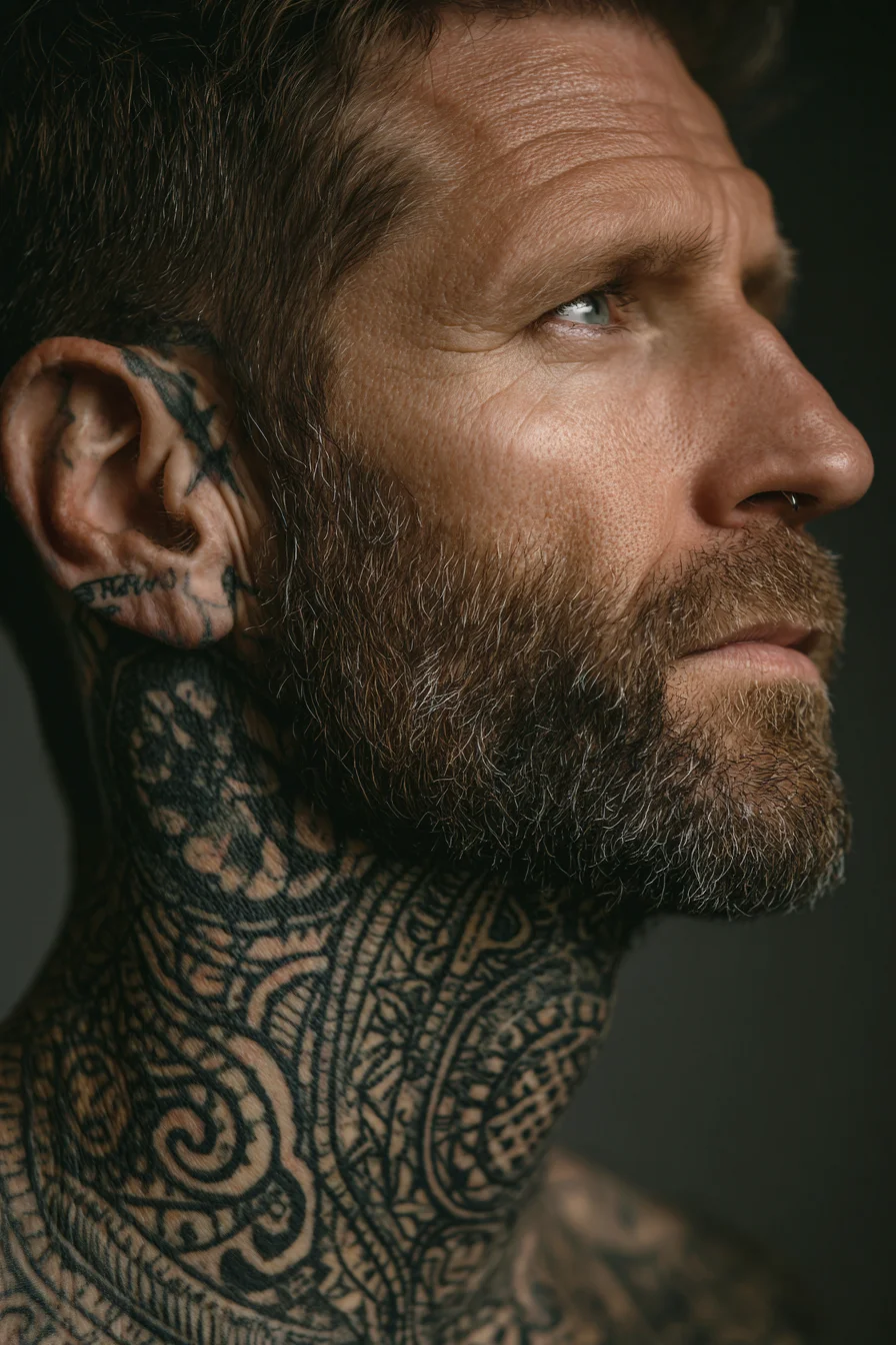 Bold Polynesian Blackwork Neck Tattoo — Tribal Jawline & Ear Design