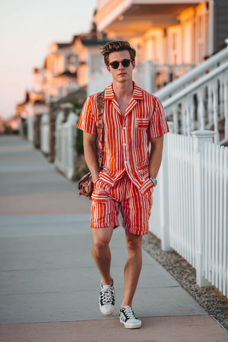 Bold Red Striped Camp Shirt & Shorts — Mens Summer Resort Style