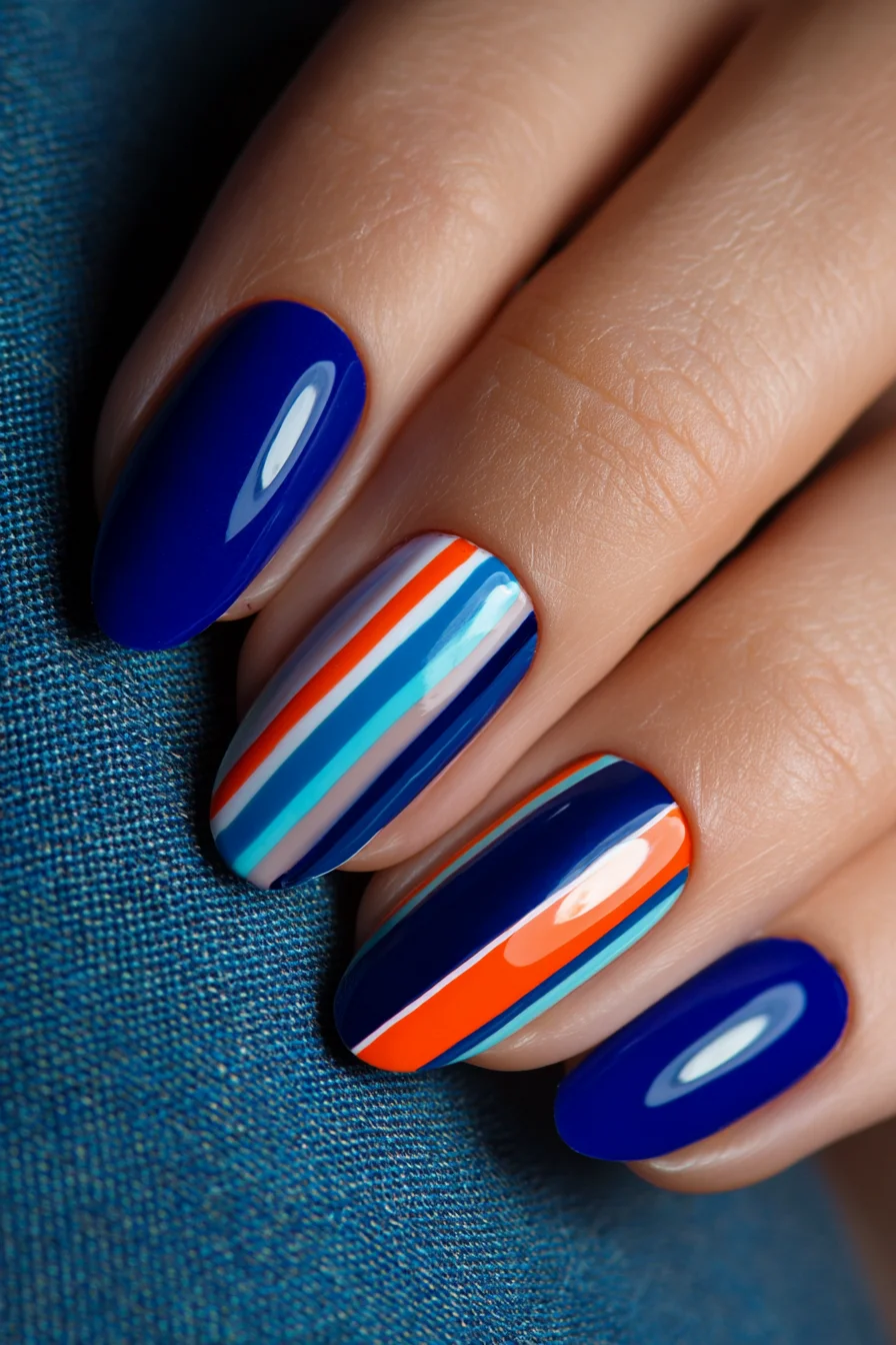 Bold Striped Band Tattoo — Blue & Orange Geometric Line Work for Forearm or Chest