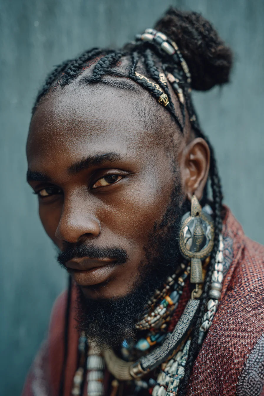 Braided Cornrows to Top Knot — Mens Textured Bun with Bead Accents