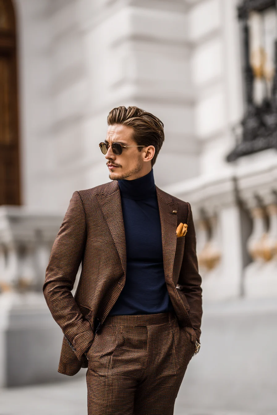 Brown Checked Suit with Navy Turtleneck — Smart Casual Mens Tailoring